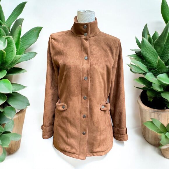 Calvin Klein Faux Suede Jacket Women M Brown Cinched Waist Coat Minimalist Chic - Picture 1 of 16